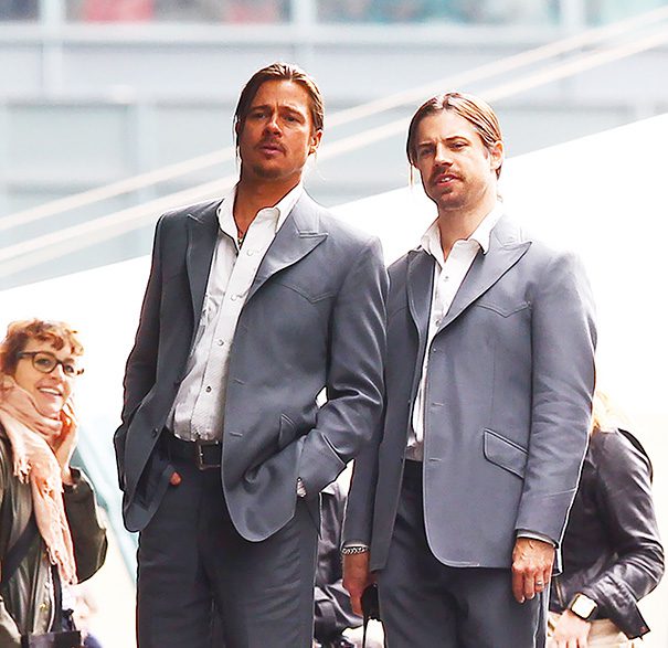 Brad Pitt and his stunt double filming a scene of the movie 'The Counselor' on location in London. The story is about a lawyer finds himself in over his head when he gets involved in drug trafficking. Directed by Ridley Scott London, England - 04.08.12 Featuring: Brad Pitt and his stunt double Where: London, United Kingdom When: 04 Aug 2012 Credit: WENN