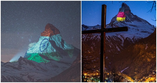 Dedinka Zermatt každý večer vysvecuje svoju najvyššiu horu Matterhorn vlajkami štátov, čím prejavujú svoju solidaritu