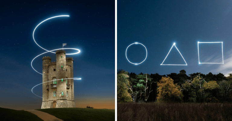 Fotograf zachytil svetelné obrazce a geometrické tvary na oblohe pomocou LED diód namontovaných na dron