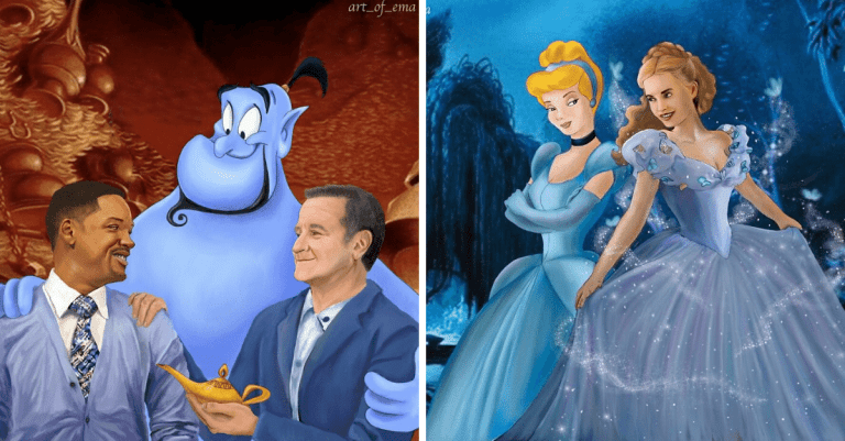 Disney postavičky a herci, ktorí ich stvárnili, na jednej fotografii