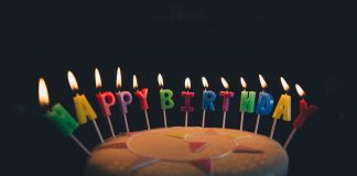 round fondant cake with happy birthday candle