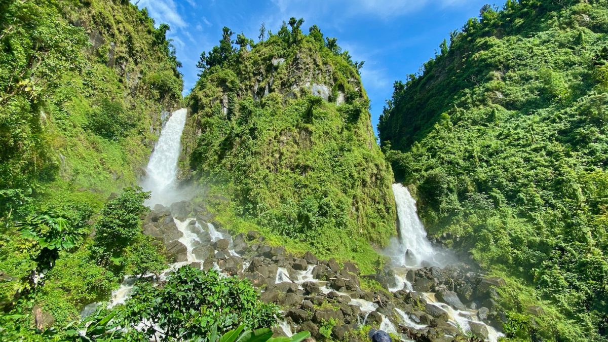 waterfalls and grass mountain during day