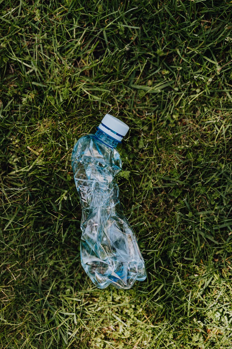 Crumpled plastic bottle on green lawn