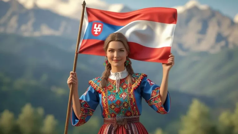 Žena v kroji drží slovenskú vlajku na pozadí hôr.