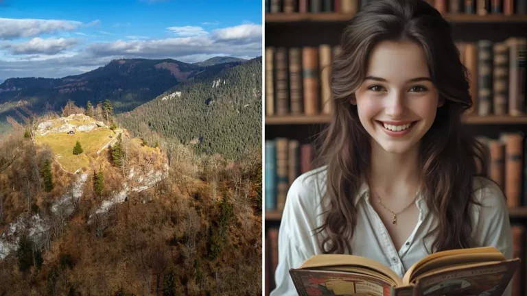 Ľavá časť: Letecký pohľad na zrúcaniny hradu v horskej krajine. Pravá časť: Usmiata žena čítajúca knihu v knižnici.