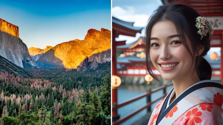 Krásny pohľad na Yosemitský národný park a portrét ženy v tradičnom oblečení v Japonsku.