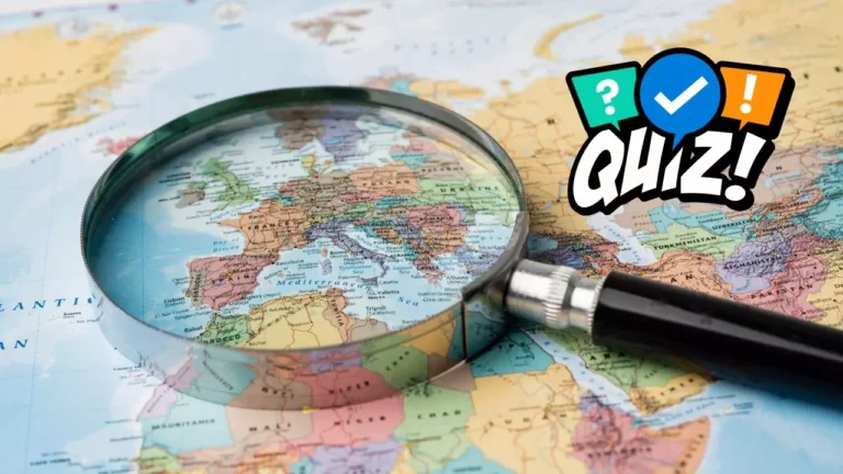 Lupa nad mapou Európy s grafickým prvkom „Quiz!“ naznačuje vedomostný kvíz o geografii.