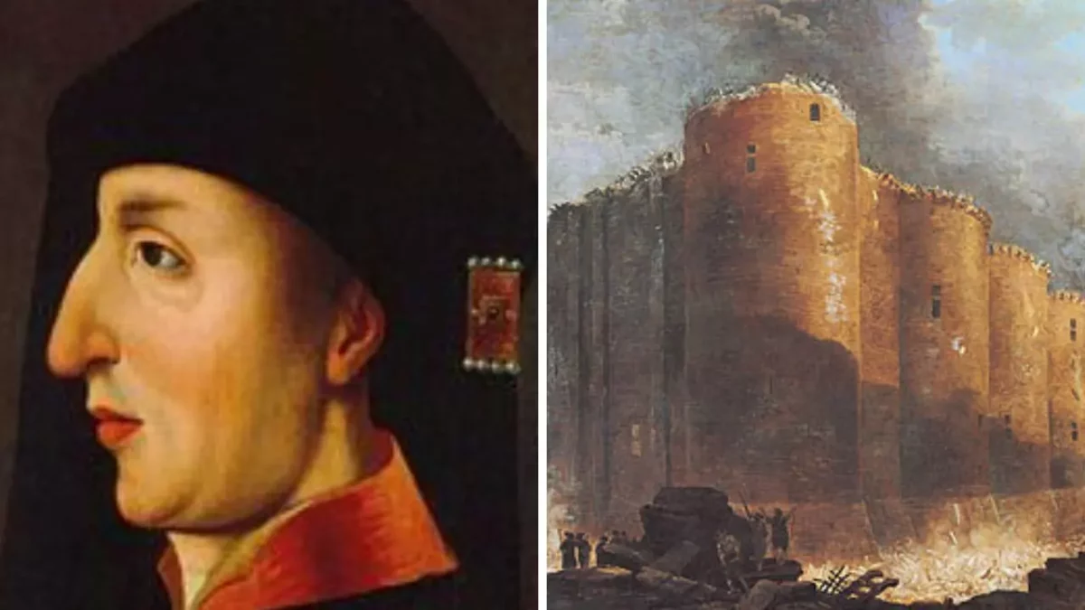 Osoba v historickom odeve a zobrazenie starobylého opevnenia s oblaky dymu.