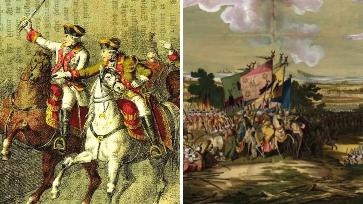 Historická bitka s jazdcami na koňoch a zástavami na bojisku, ilustrujúca vojenskú scénu z minulosti.