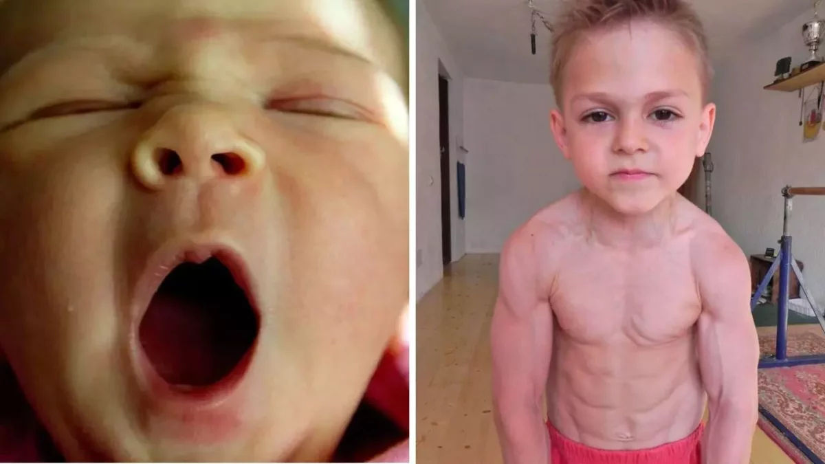 Na obrázku je zívanie novorodenca a svalnaté telo malého chlapca vo fitnes miestnosti.