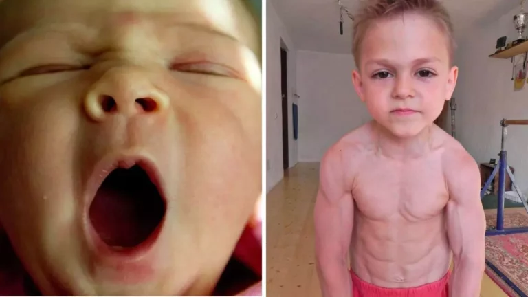 Na obrázku je zívanie novorodenca a svalnaté telo malého chlapca vo fitnes miestnosti.
