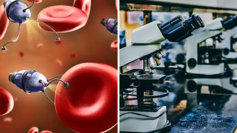 Nanotechnológia a mikroskopy: zobrazenie nanobotov medzi krvinkami a laboratórnych mikroskopov.