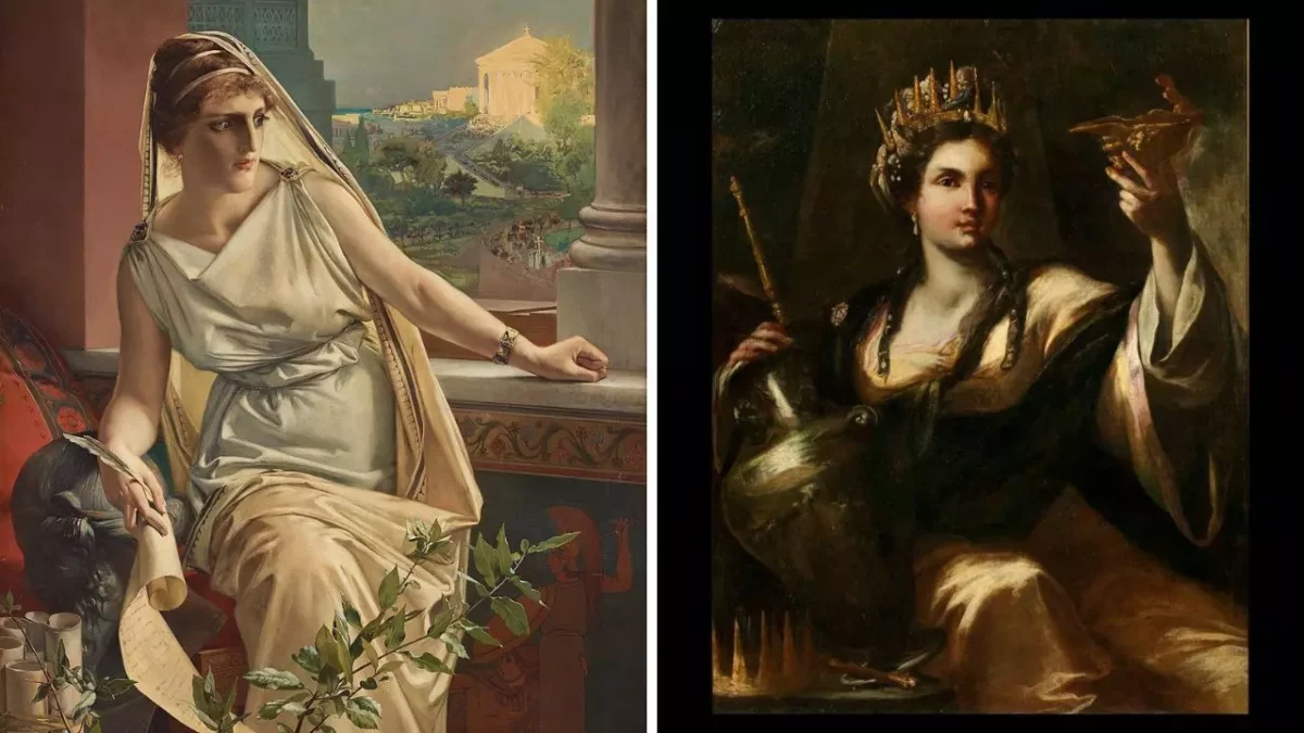 Dve historické maľby zobrazujujúce ženy v antickom odeve s pozadím gréckeho mesta a kráľovnou s korunou a lampou.