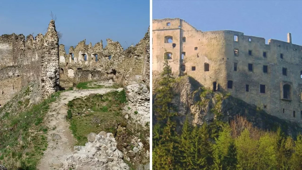 Zrúcaniny starobylého hradu obklopené zeleňou v slnečnom dni, Slovensko, pozostatky historickej architektúry.