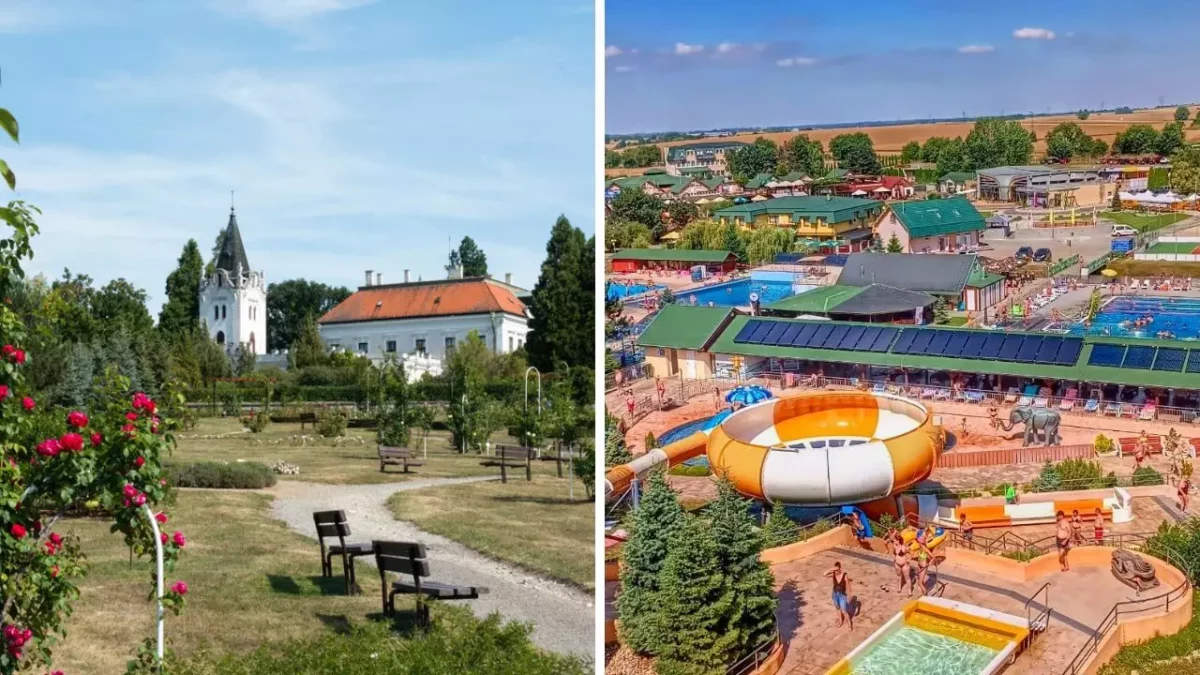 Záhrada pri historickej budove a zábavný vodný park v letnej oblasti, plná návštevníkov a zelene.