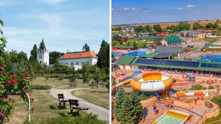 Záhrada pri historickej budove a zábavný vodný park v letnej oblasti, plná návštevníkov a zelene.