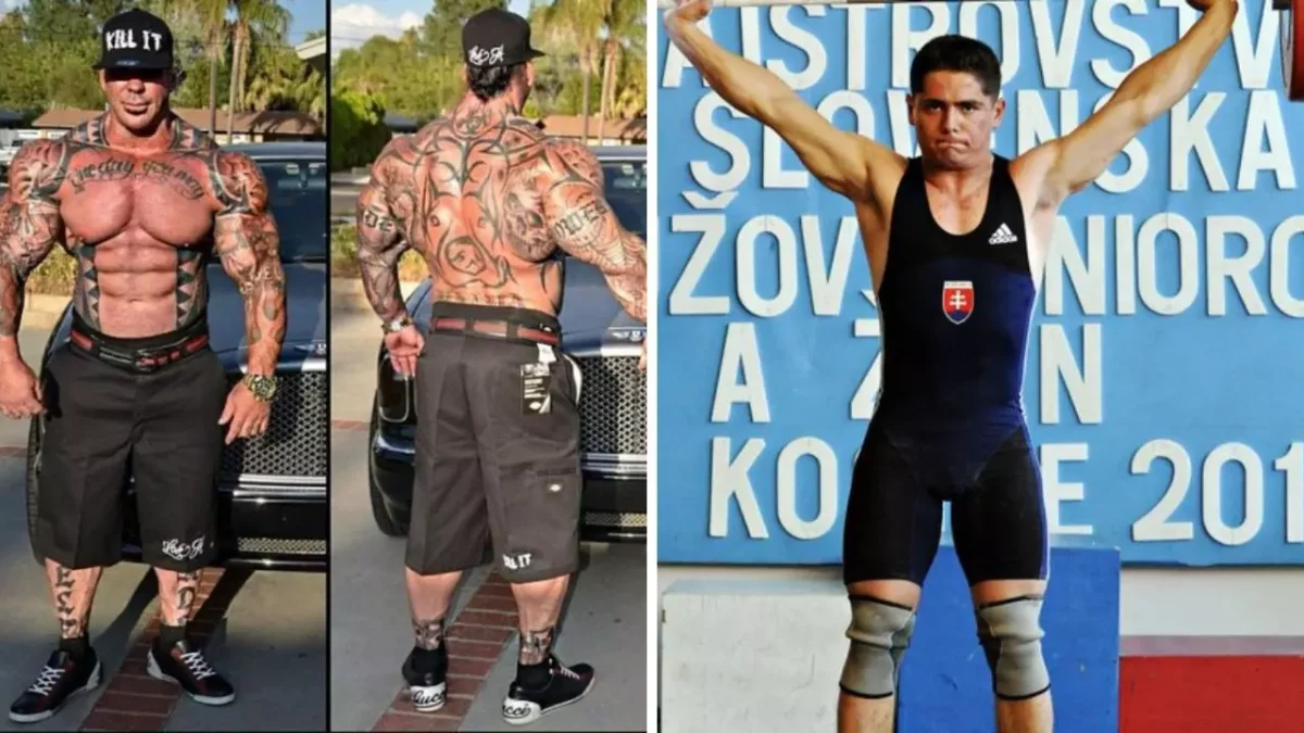 Muž s tetovaniami pózuje pred autom; atlét v posilovni na vzpieračskej súťaži so zdvihnutou činkou.