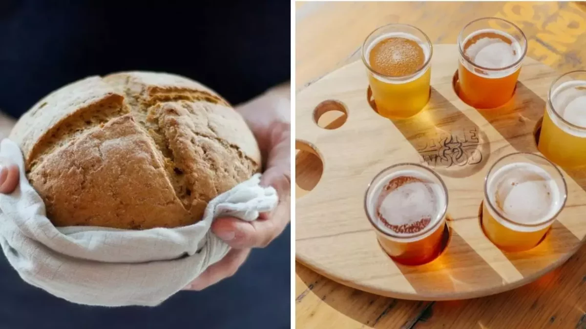 Domáci chlieb na obrúsku; vedľa set degustácie remeselných pív na drevenom podnose.