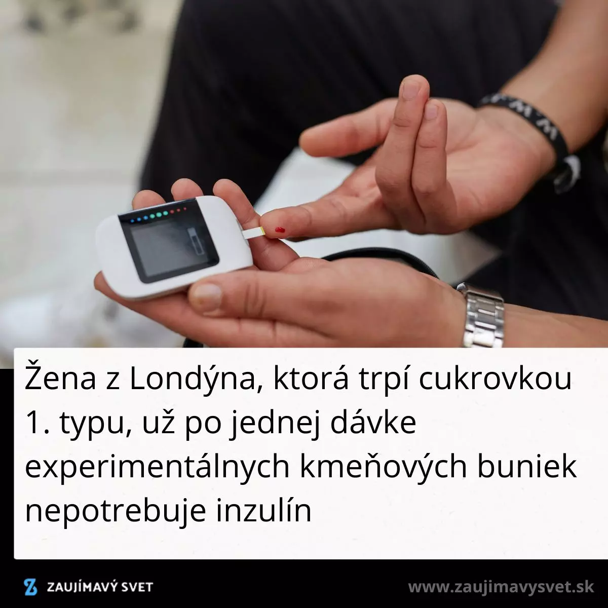 Osoba meria hladinu cukru v krvi pomocou glukomera, diabetes typ 1, inovatívna liečba, Londýn.