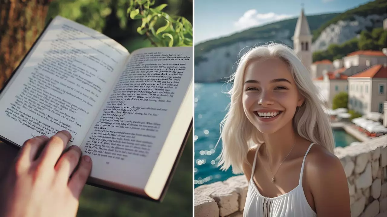 Na obrázku sú otvorená kniha a usmievavá žena na letnej dovolenke pri mori.