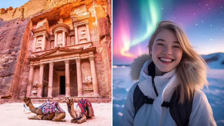 História Petra a polárna žiara: dva svety na jednom obrázku, ťavy oddychujú, dievča v teplej bunde sa smeje.