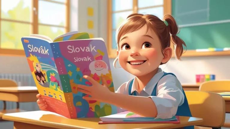 Dievča v triede s úsmevom číta slovenskú detskú knihu plnú farebných ilustrácií.