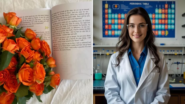 Kniha s oranžovými ružami vedľa vedkyne v laboratóriu s periodickou sústavou prvkov na pozadí.