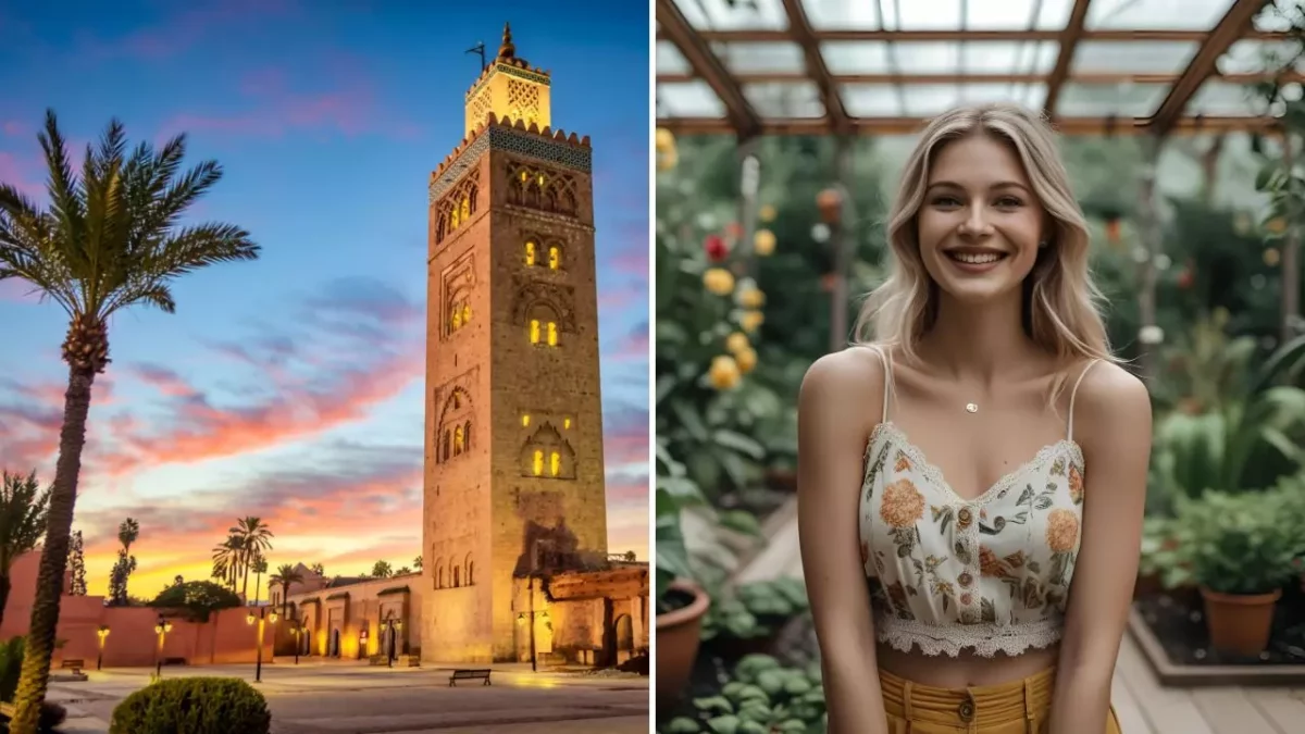 Minaret pri západe slnka a usmievajúca sa žena v botanickej záhrade, pokojný a radostný moment.