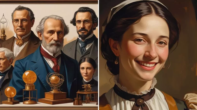 Skupina v historickom oblečení s vedcami a ženou v ošetrovateľskej uniforme, znázorňujúci minulé obdobie.