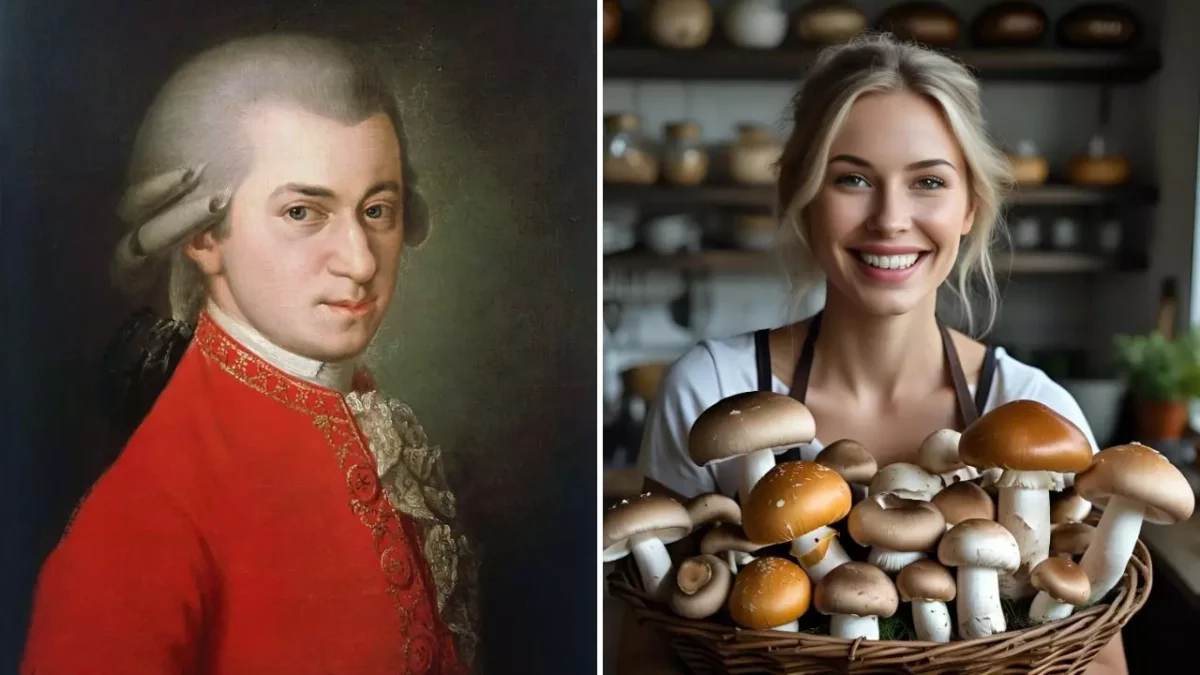 Naľavo portrét muža v historickom obleku, napravo usmiata žena s košíkom plným húb v kuchyni.