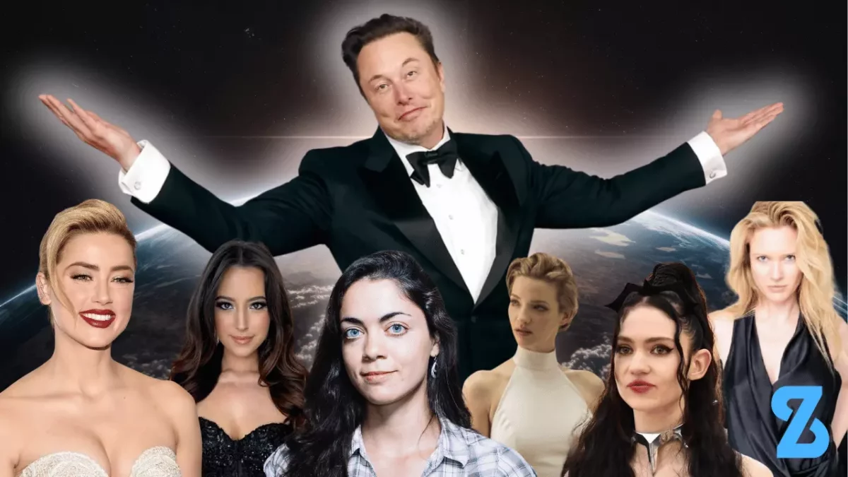 Oblečený Elon Musk s rozpaženými rukami, v pozadí Zem, obklopený šiestimi ženami, všetci elegantne oblečení.