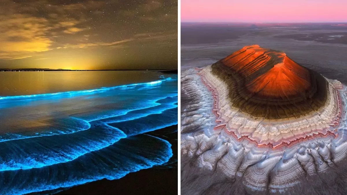 Žiarivá morská bioluminiscencia a surrealistická farebná hora pri západe slnka.