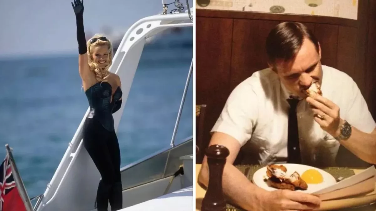 Na lodi zdraví žena v čiernom, vedľa muž v bielej košeli konzumuje jedlo pri stole.