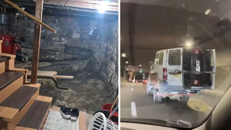 Pivnica so schodmi a drevenou zábranou; dodávka nesúca auto v tuneli.