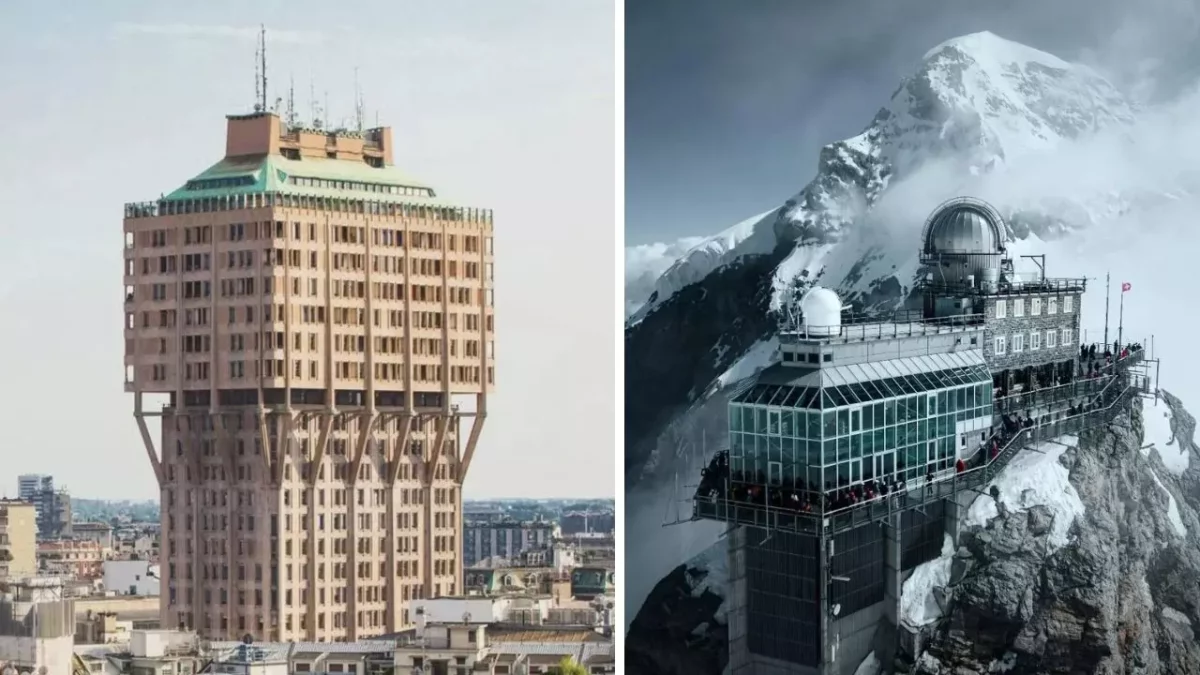 Vysoká budova v meste a horská observatórium na zasneženom vrchu, kontrast architektúry a prírody.
