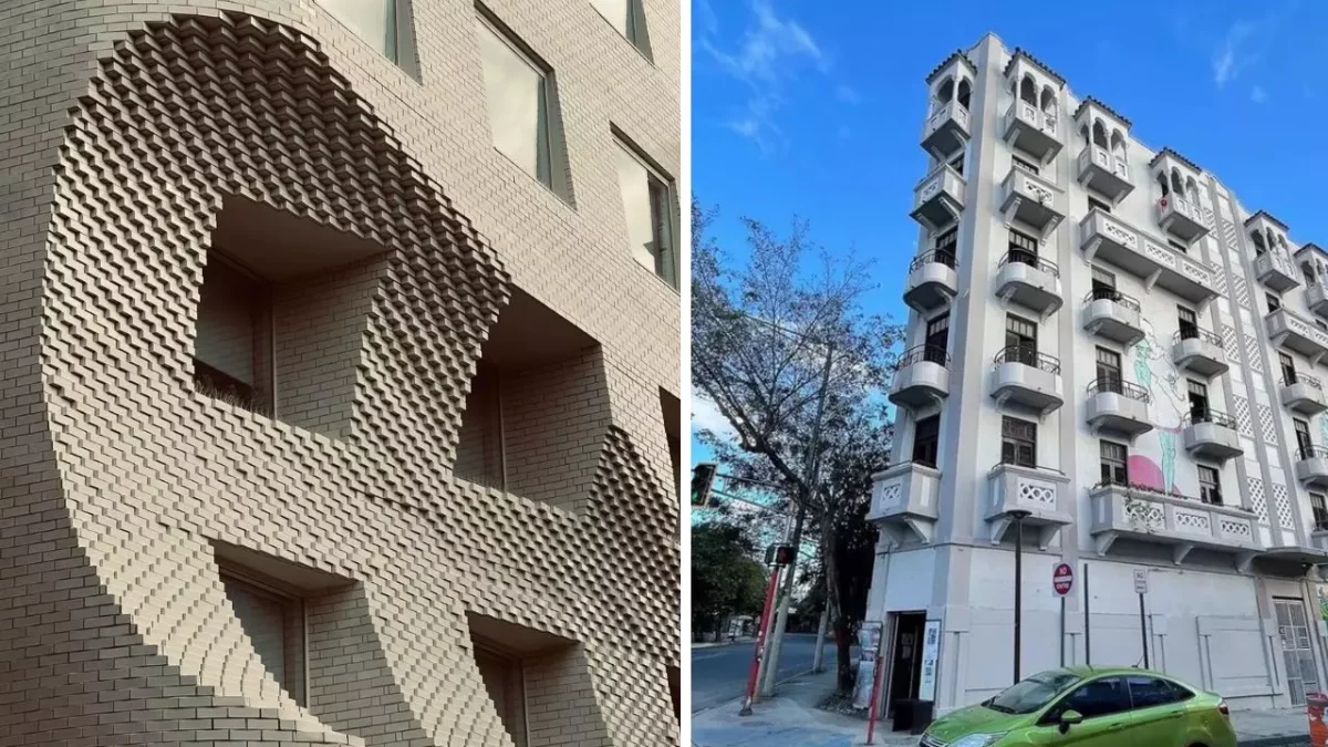 Moderná budova s 3D tehlovou fasádou a historická stavba s balkónmi na slnečnej ulici.
