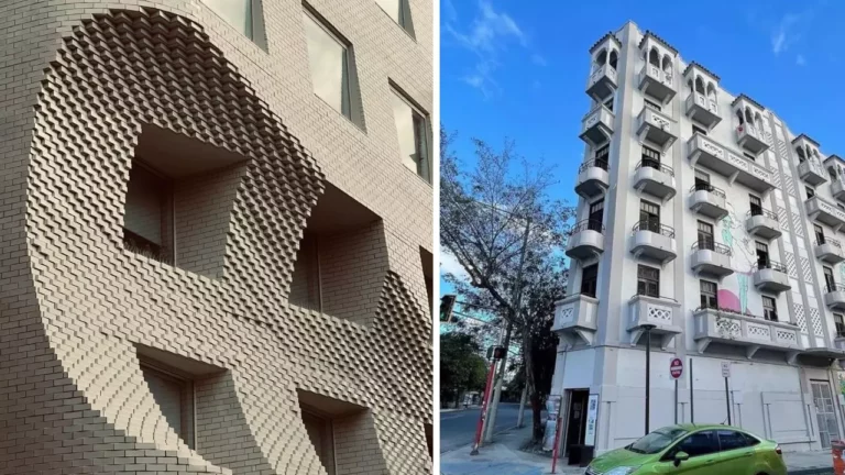Moderná budova s 3D tehlovou fasádou a historická stavba s balkónmi na slnečnej ulici.