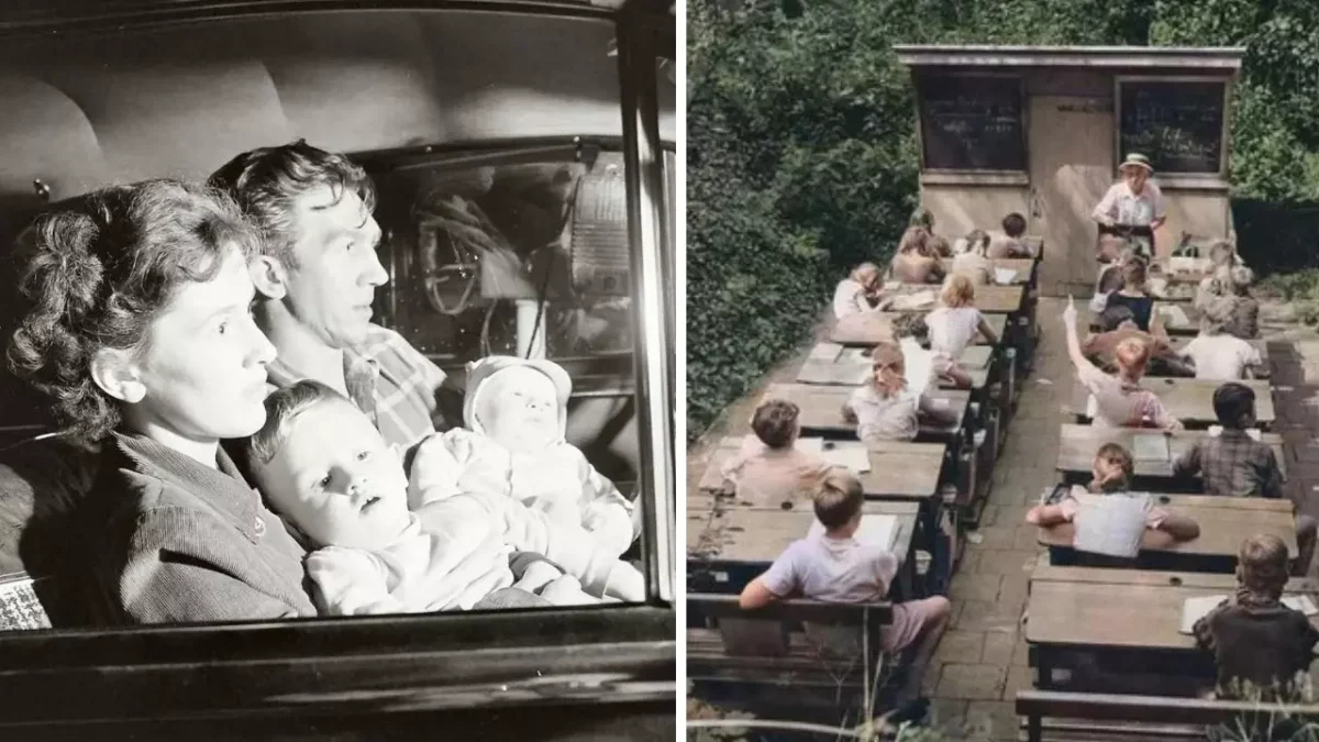 Rodina v aute a žiaci v outdoorovej triede; historické momenty každodenného života.