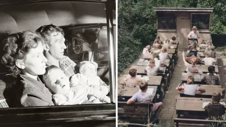 Rodina v aute a žiaci v outdoorovej triede; historické momenty každodenného života.