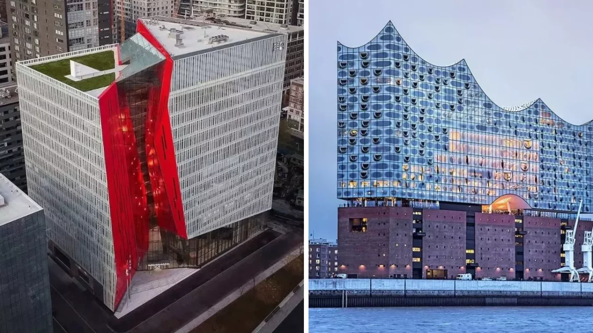 Moderné architektonické stavby s jedinečným dizajnom; pravá z nich má sklenú vlnovú strechu.