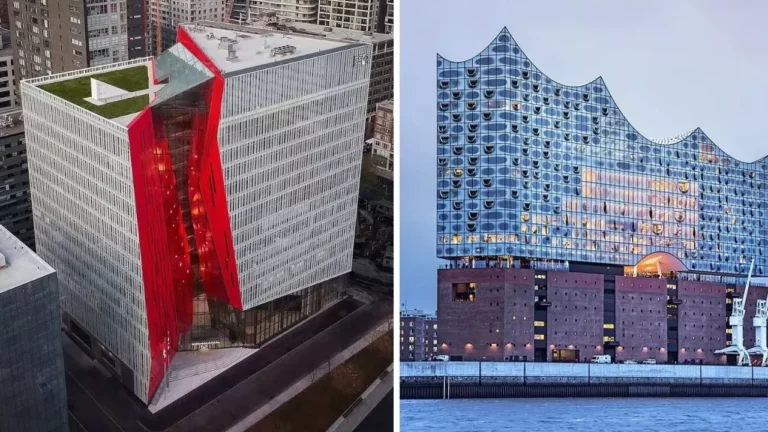 Moderné architektonické stavby s jedinečným dizajnom; pravá z nich má sklenú vlnovú strechu.
