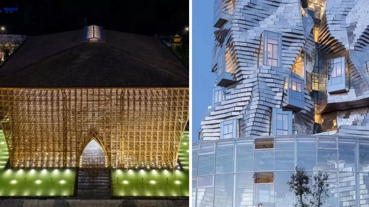 Moderné architektonické diela: bambusová svätyňa a futuristická budova z kovových blokov pri západe slnka.