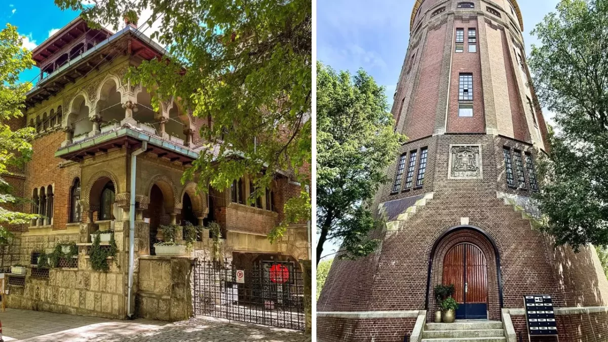 Elegantná architektúra: historická budova a tehlová veža obklopené zeleňou v mestskom prostredí.