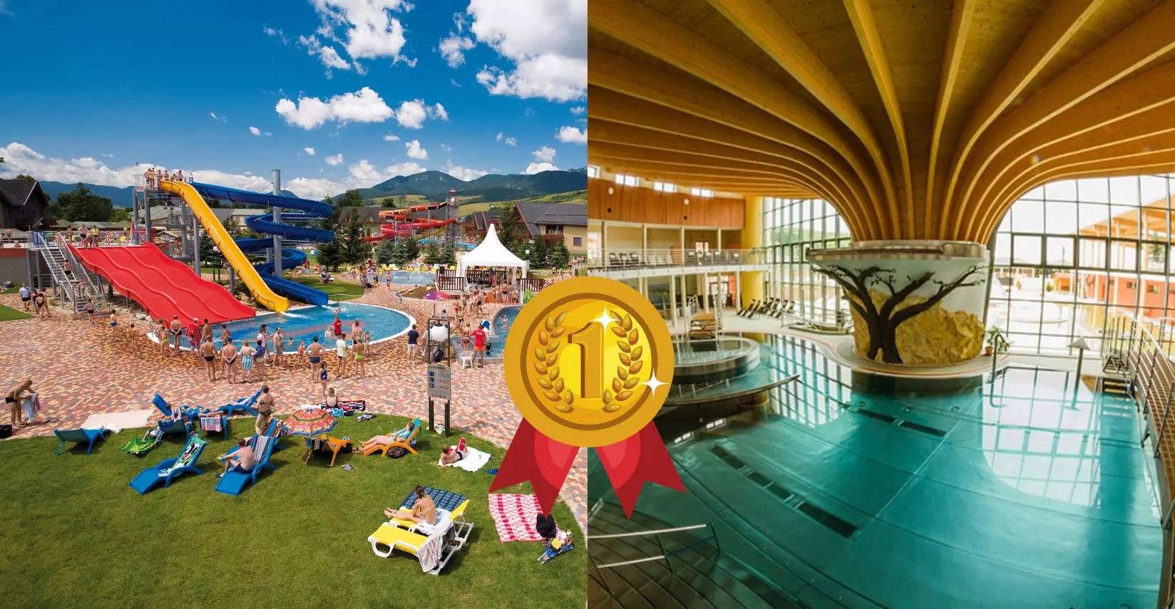 Letný aquapark s tobogánmi a moderné interiérové kúpele so zlatou medailou za najlepšie relaxačné centrum.