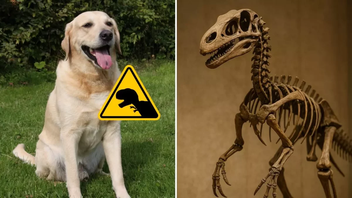 Pes sediaci na tráve vedľa výstražnej značky dinosaura a kostra dinosaura na výstave.