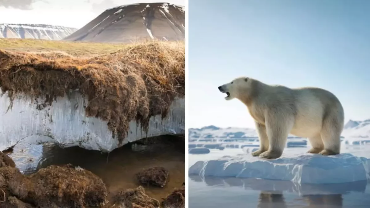 Permafrost a ľadový medveď na topiacej sa kryhe, dôsledky klimatických zmien v Arktíde.