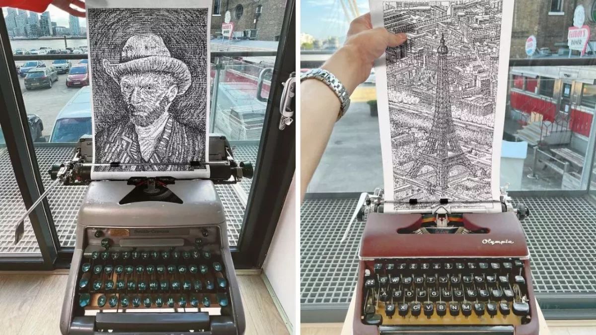 Staré písacie stroje s obrázkami Van Gogha a Eiffelovej veže, vytvorené z písmen.