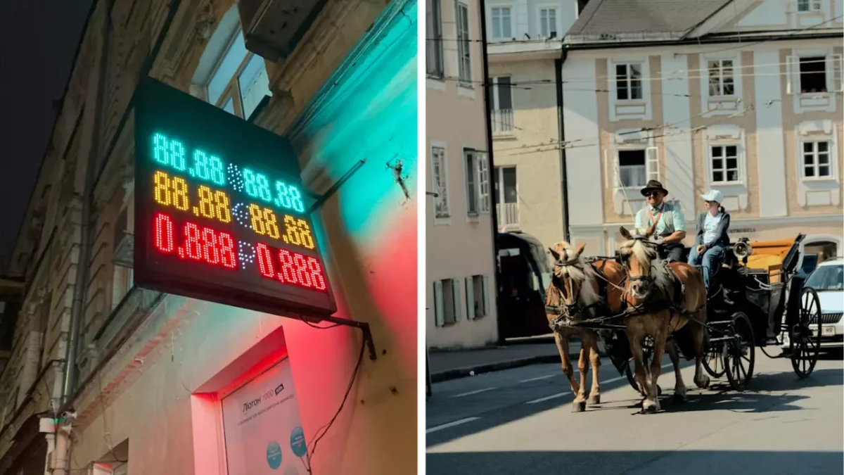Vľavo displej s číslami na budove, vpravo koč s koňmi v meste.