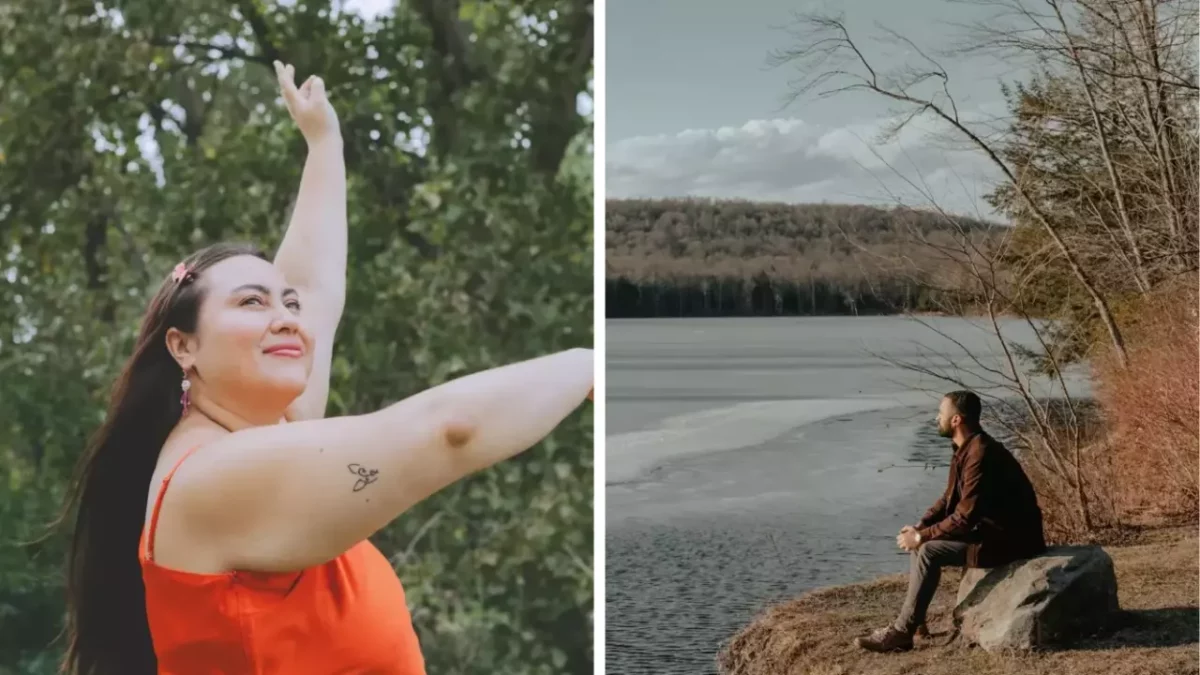Žena v prírode s úsmevom pozera hore; muž sedí pri jazere a uvažuje.