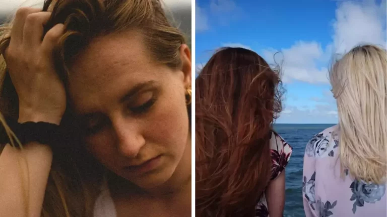 Žena premýšľa so sklopenou hlavou. Dve ženy pozorujú more, ich vlasy vejú vo vetre pod modrou oblohou.